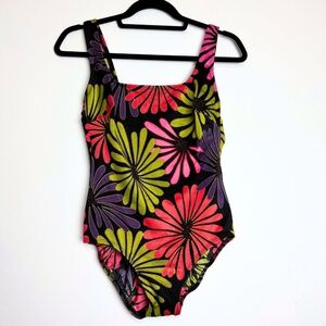 Vintage Longitude Multicolor Floral One Piece Swimsuit - size 10